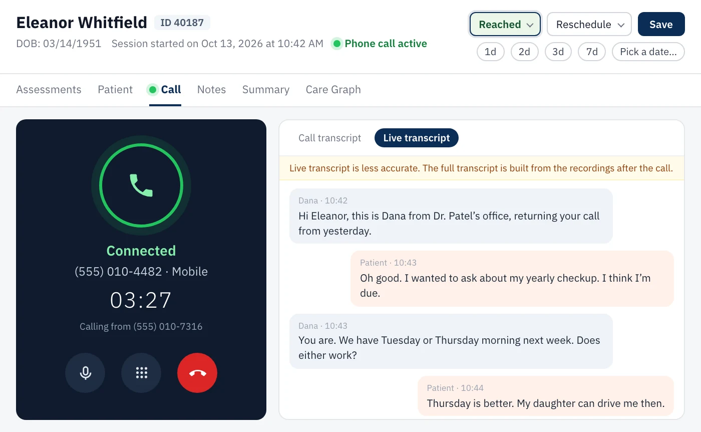 A care manager on a live call from a patient’s worklist task, with the call timer, live transcript and attempt outcome